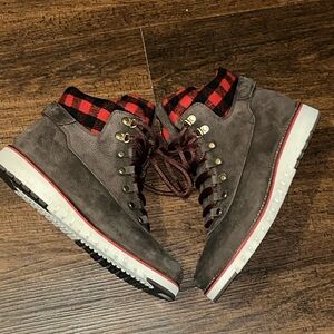 Cole Haan ZEROGRAND Stylish Brown Suede Boots with Red Plaid Lining